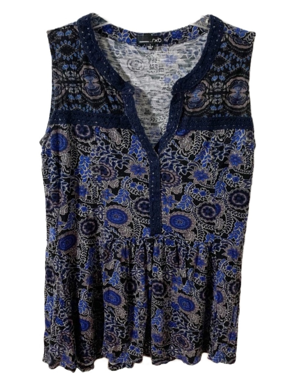 rxb Jersey Knit Sleeveless Blouse with Ruffles Peplum Crocheted Lace Details